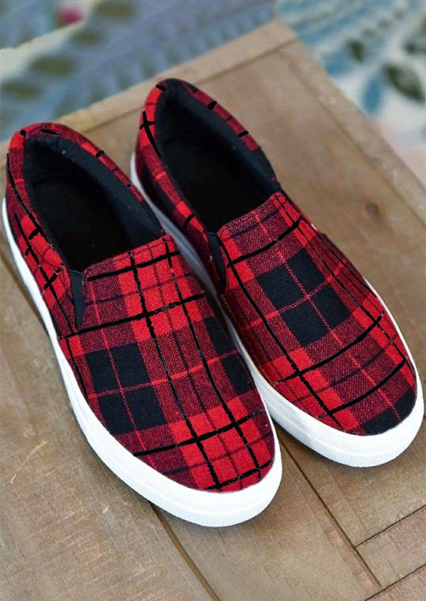 

Christmas Buffalo Plaid Round Toe Flat Sneakers - Red, 520321