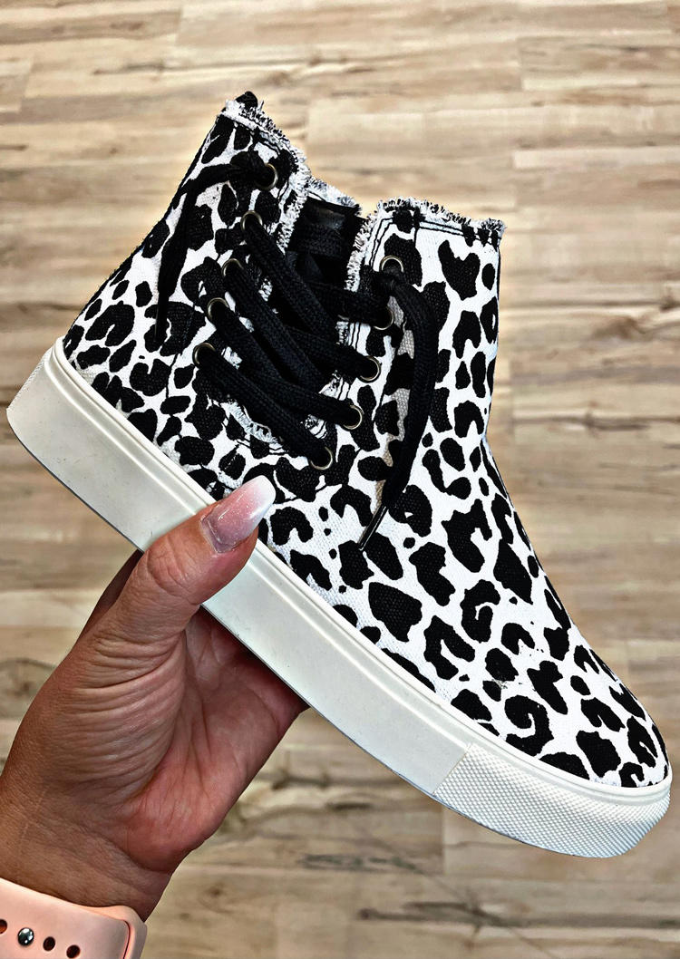 

Leopard Lace Up Zipper Flat Sneakers - White, 520336