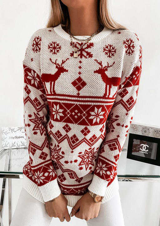 

Christmas Reindeer Snowflake Long Sleeve Sweater - Red, 520338
