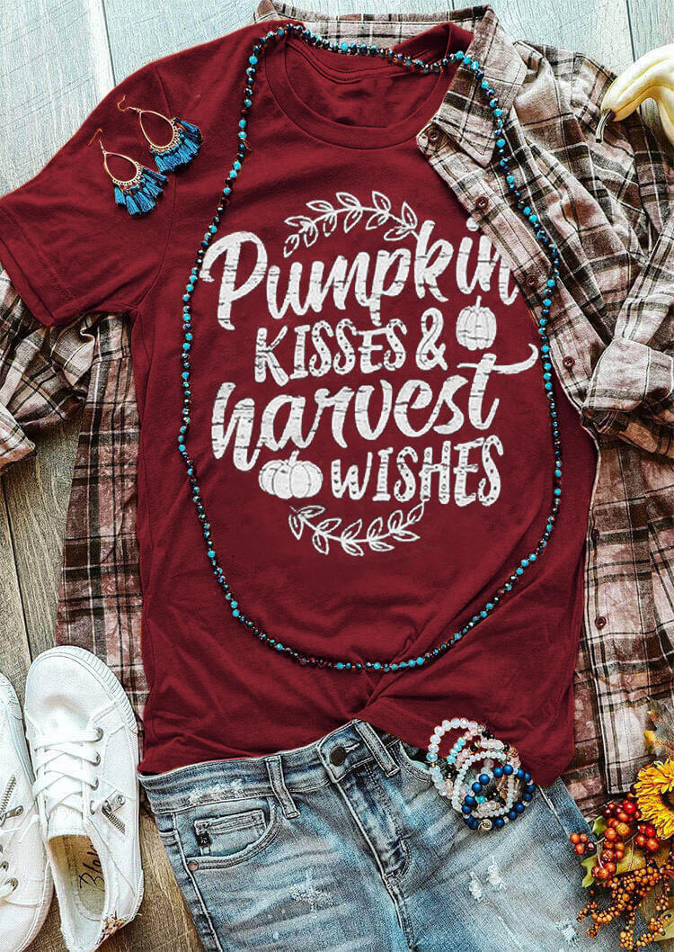 Thanksgiving Pumpkin Kisses Graphic T-Shirt Tee - Orange