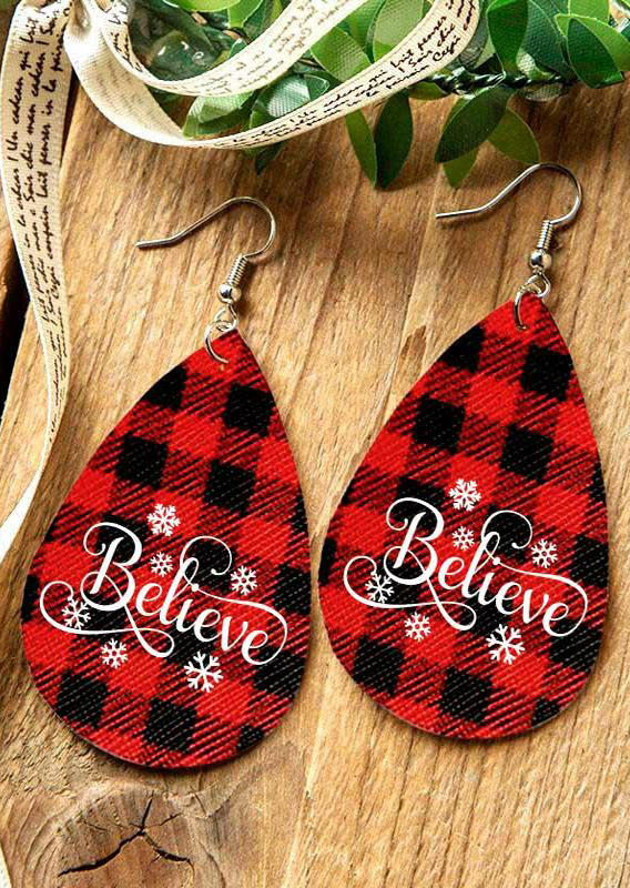 

Double-Sided Buffalo Plaid Snowflake Believe Water Drop Earrings - Red, 488008