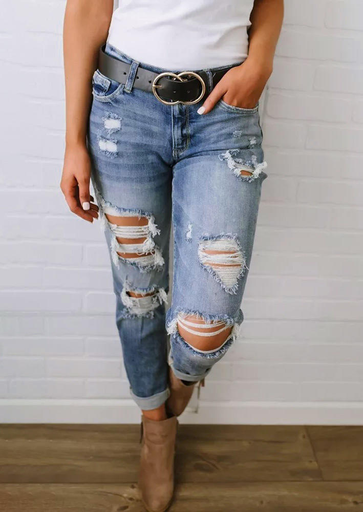 

Ripped Hole Pocket Button Denim Pants - Blue, 514181