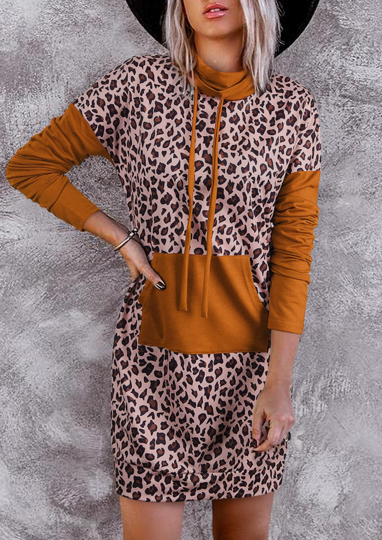 Leopard Cowl Neck Kangaroo Pocket Mini Dress