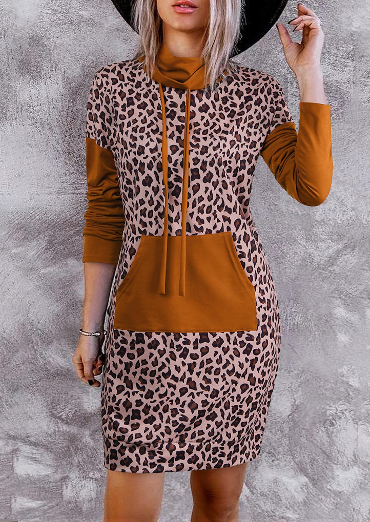 Leopard Cowl Neck Kangaroo Pocket Mini Dress