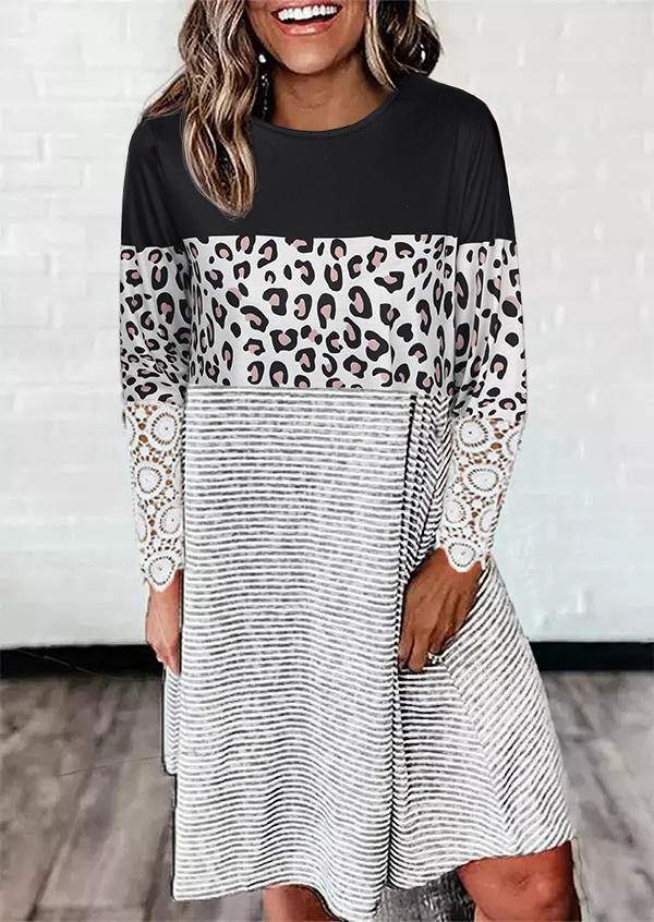 

Lace Splicing Leopard Striped O-Neck Mini Dress, Multicolor, 519622
