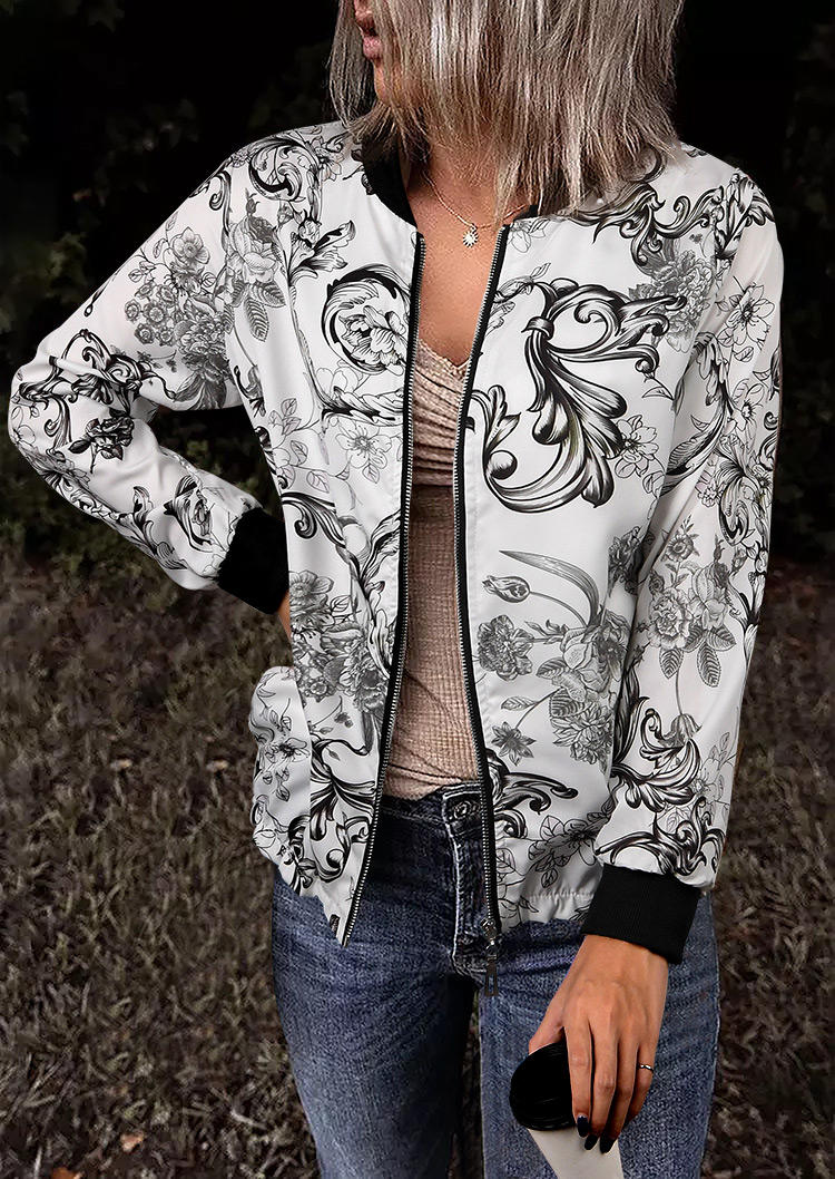 

Floral Zipper Long Sleeve Coat - White, 519702