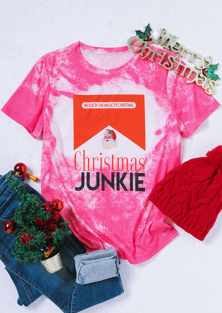 Christmas Junkie Santa Claus Bleached T-Shirt Tee - Pink