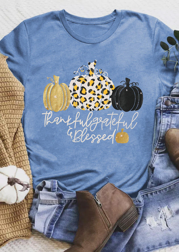 Thankful Grateful Blessed Leopard Pumpkin T-Shirt Tee - Light Blue