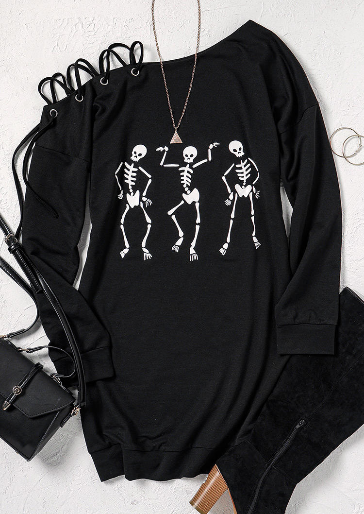 Skeleton Cold Shoulder Lace Up Mini Dress - Black