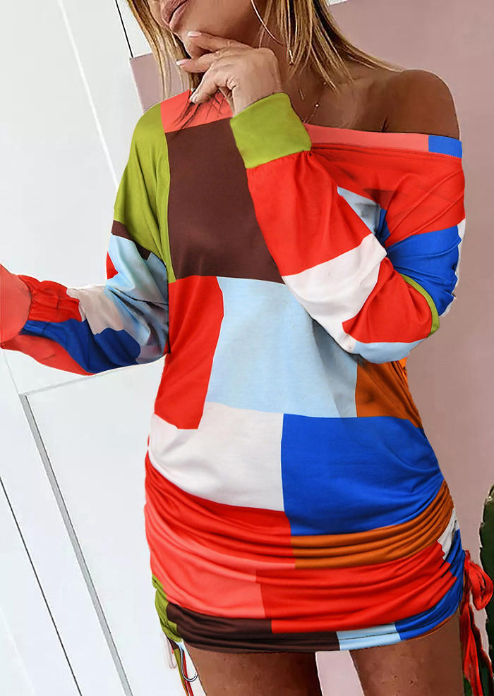 

Geometric Drawstring Ruched Mini Dress, Multicolor, 519796