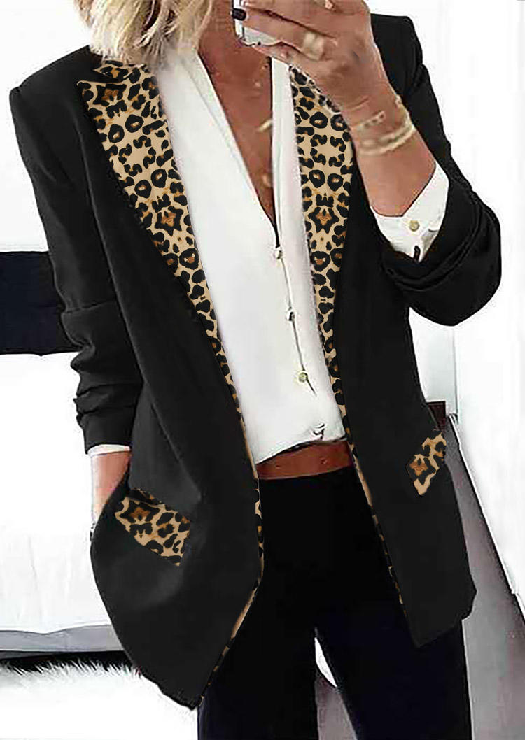

Leopard Splicing Long Sleeve Turn-down Collar Blazer - Black, 519829