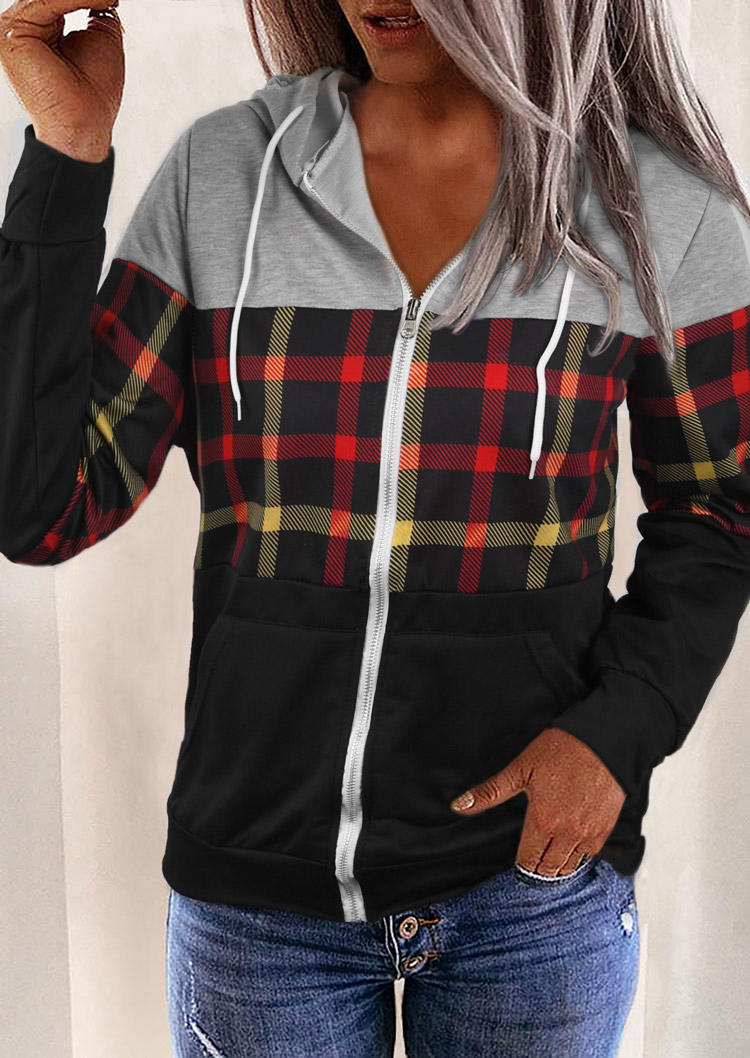 

Plaid Color Block Zipper Pocket Long Sleeve Hooded Coat, Multicolor, 519835