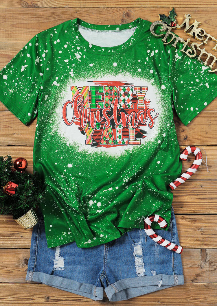 Buy Merry Christmas Y'all Bleached T-Shirt Tee - Green. Picture