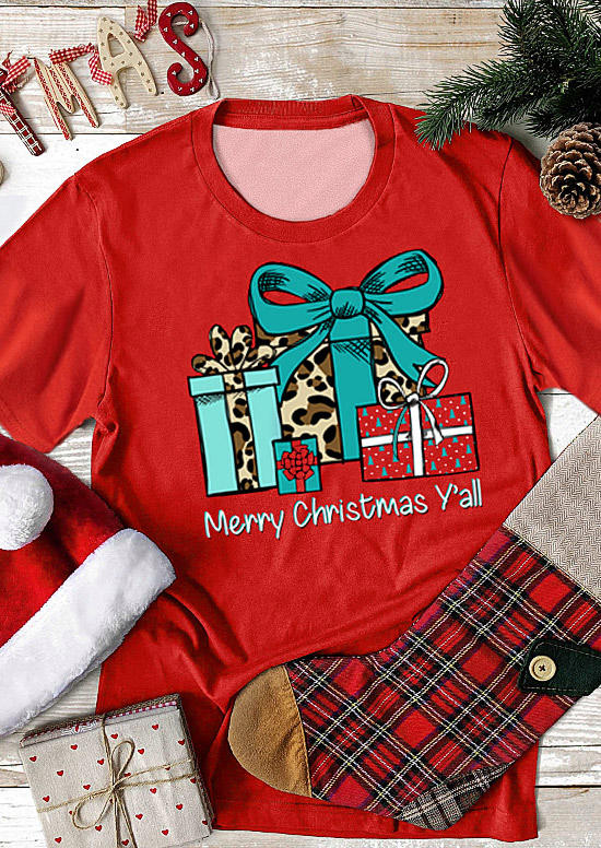 Merry Christmas Y'all Leopard T-Shirt Tee - Red