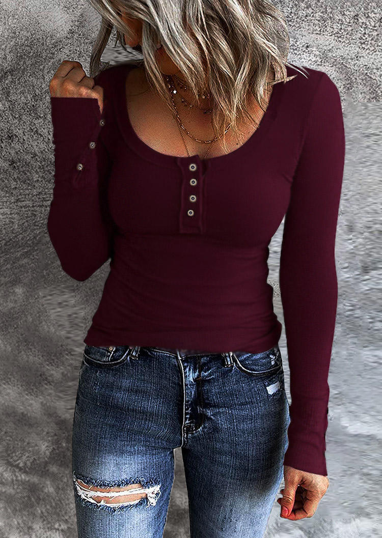

Button O-Neck Long Sleeve Blouse - Burgundy, Red, 520034