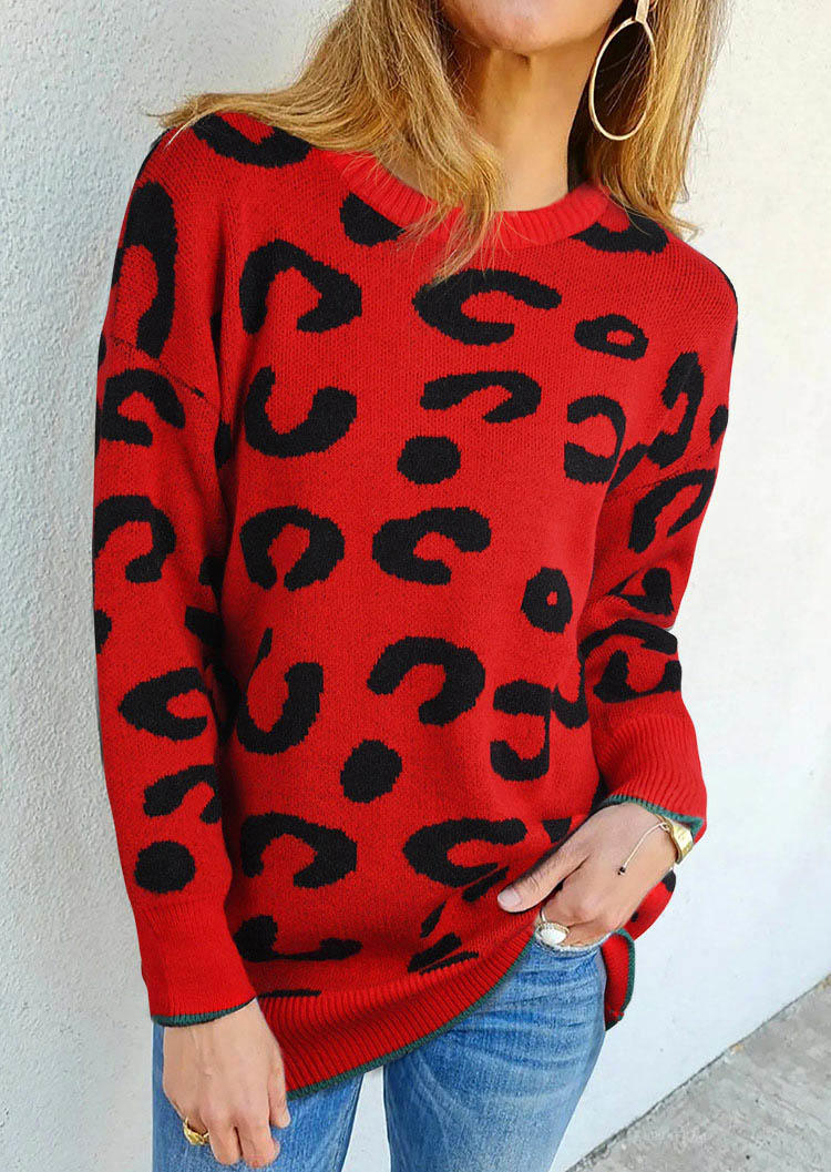 

Leopard O-Neck Long Sleeve Sweater - Red, 520065