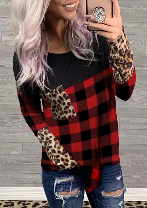 

Leopard Plaid Splicing Long Sleeve Blouse - Red, 520300
