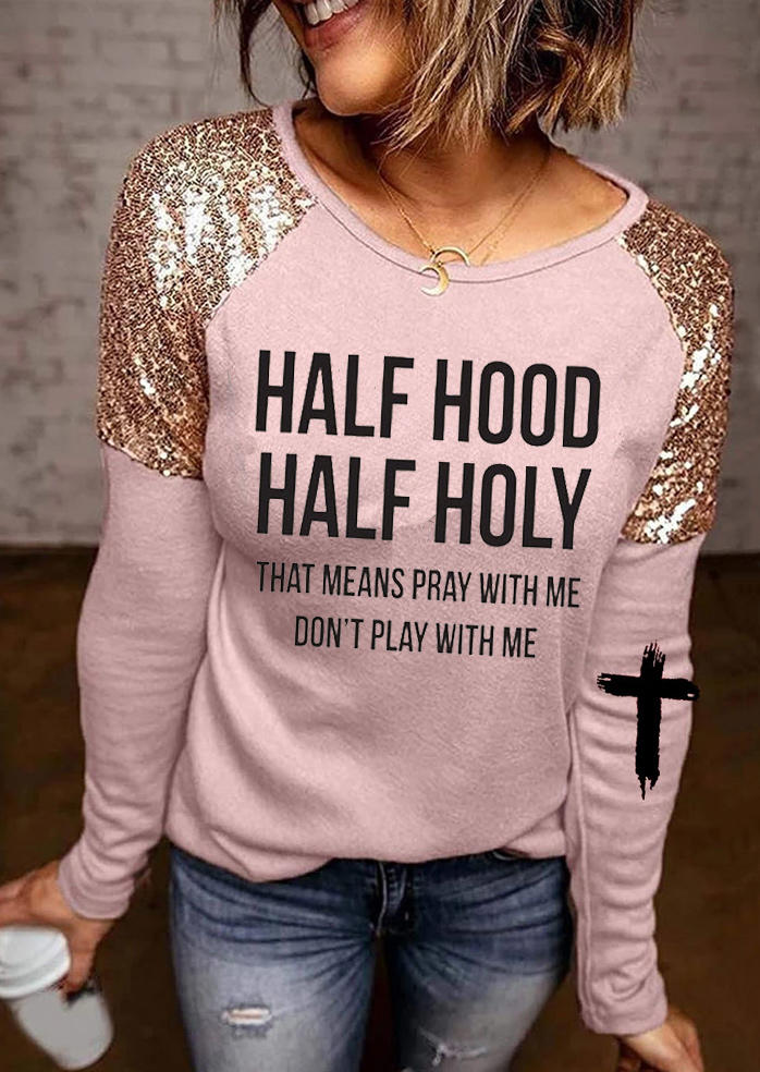 

Half Hood Half Holy Sequined Cross Blouse - Pink, 520345