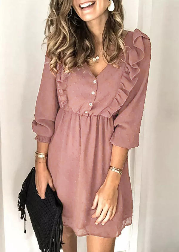 

Ruffled Button Elastic Cuff Mini Dress - Pink, 520353