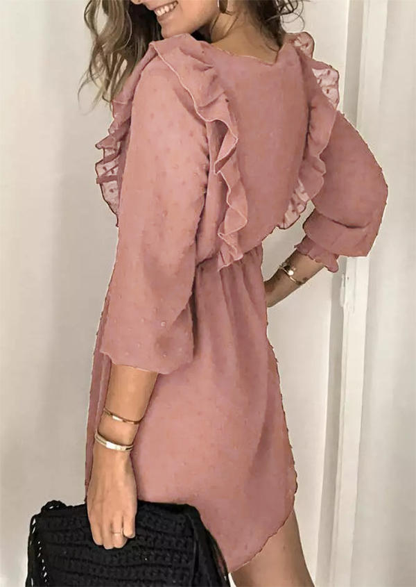 Ruffled Button Elastic Cuff Mini Dress - Pink