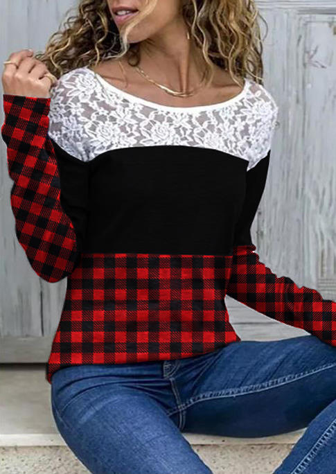 

Lace Splicing Buffalo Plaid O-Neck Blouse, Multicolor, 520355