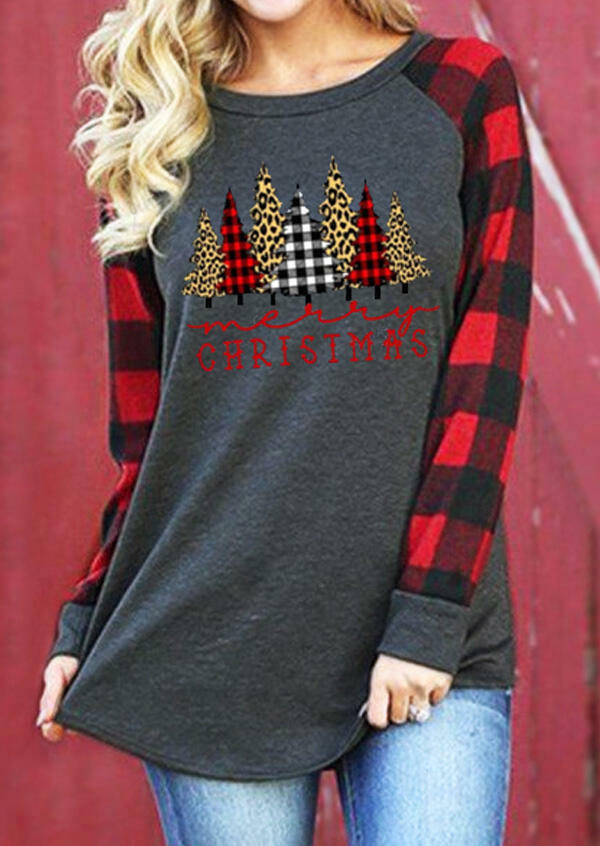 

Merry Christmas Trees Plaid Leopard Printed T-Shirt Tee - Gray, 460440