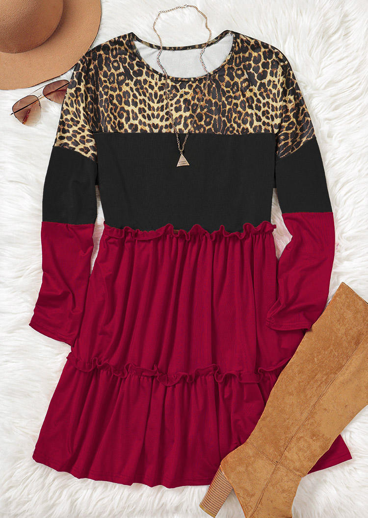 Leopard Color Block Ruffled O-Neck Mini Dress