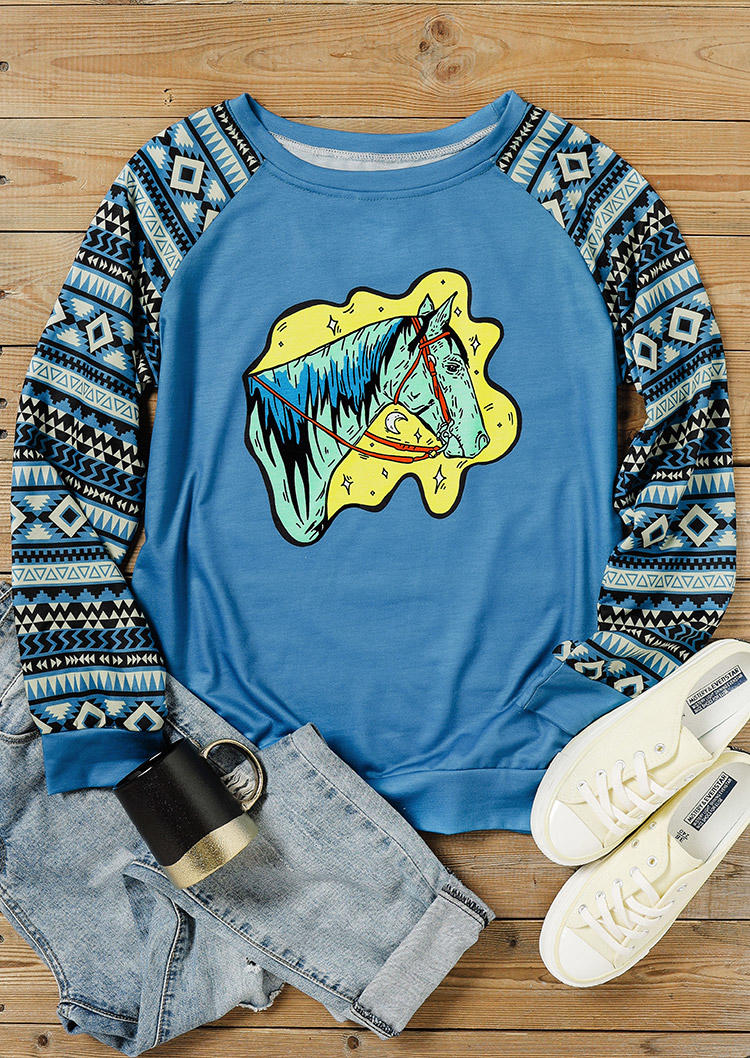Horse Aztec Geometric Raglan Sleeve Sweatshirt - Blue
