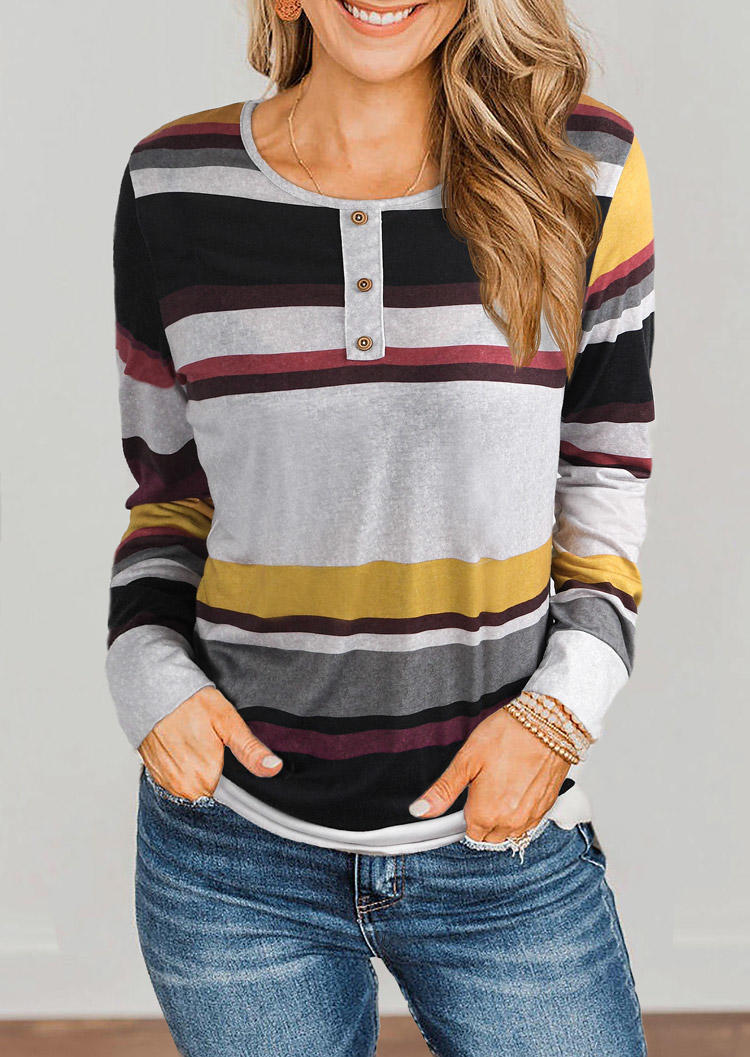 

Colorful Striped Button Front Casual Blouse, Multicolor, 520031