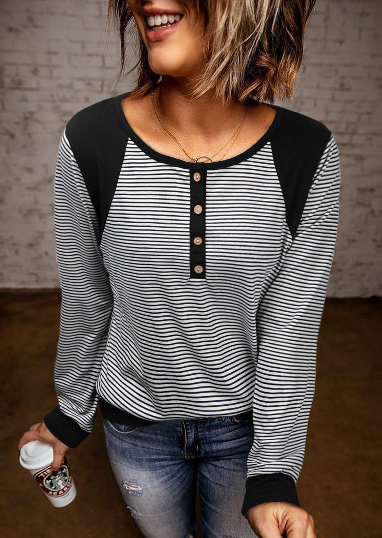 Striped Button Splicing Long Sleeve Blouse