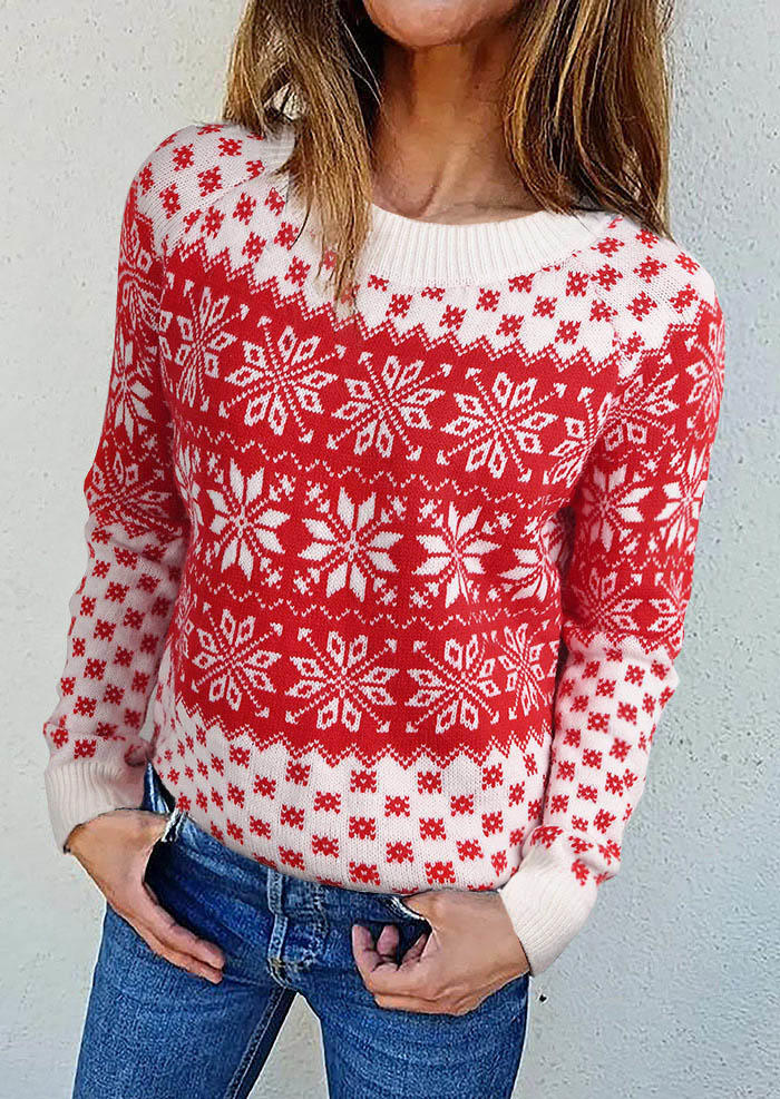 

Christmas Snowflake Geometric O-Neck Sweater - Red, 520067