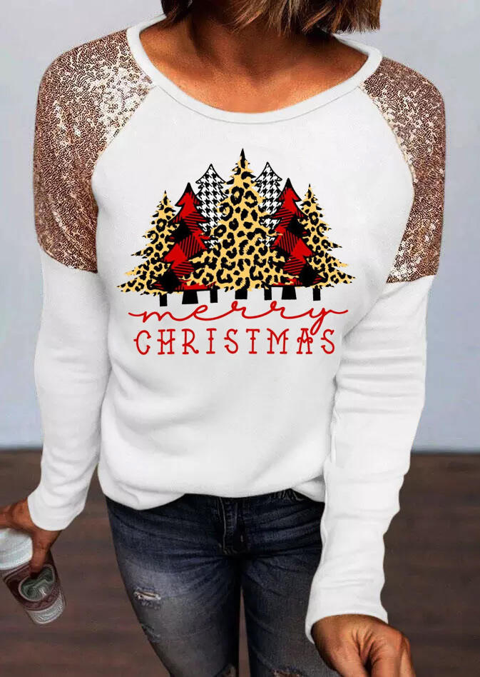 Merry Christmas Plaid Leopard Trees Sequined Blouse - White