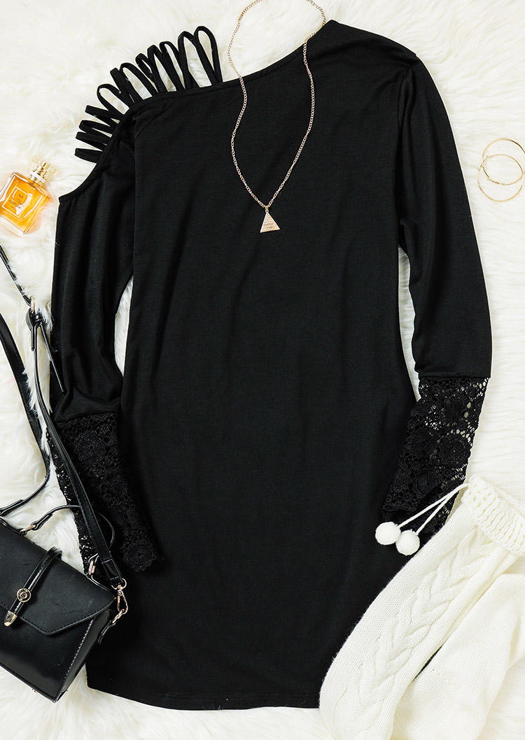 Lace Splicing Hollow Out Cold Shoulder Mini Dress - Black