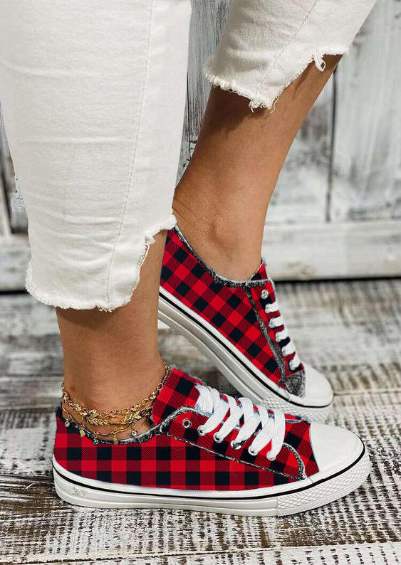 Buffalo Plaid Lace Up Frayed Hem Sneakers - Red