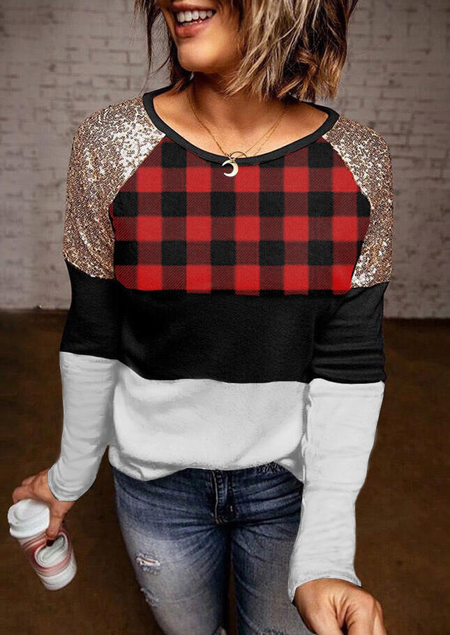 

Plaid Sequined Splicing Color Block Blouse, Multicolor, 520516