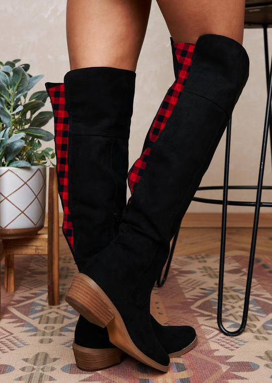 

Christmas Buffalo Plaid Over Knee Round Toe Boots - Black, 520528