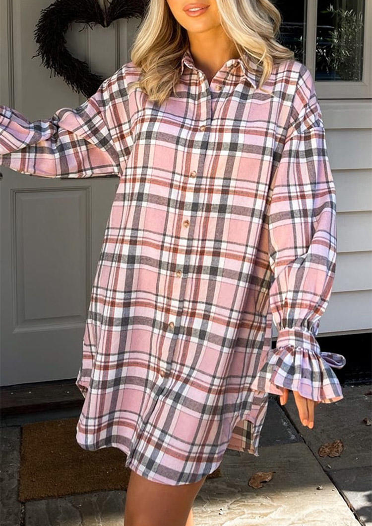 

Plaid Ruffled Button Shirt Mini Dress, 520589
