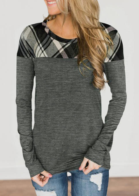 

Plaid Splicing Long Sleeve Blouse - Gray, 519566