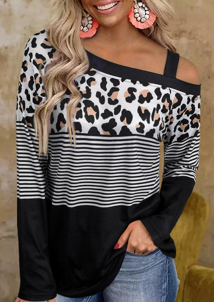 

Leopard Striped Slash Collar Long Sleeve Blouse, Multicolor, 519788
