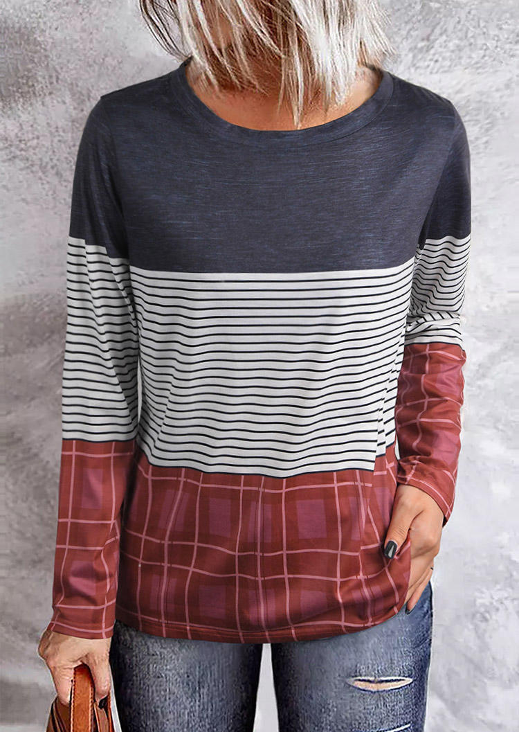 

Striped Plaid Splicing Long Sleeve Blouse, Multicolor, 519897