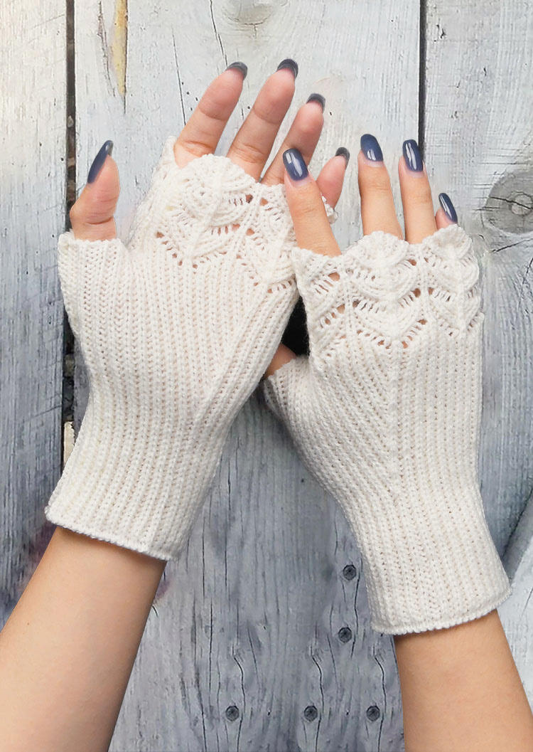 

Jacquard Hollow Out Fingerless Gloves, Beige, 520071