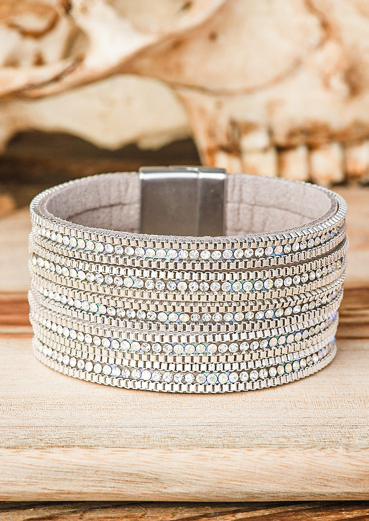 

Rhinestone PU Leather Magnet Buckle Bracelet, Silver, 520077