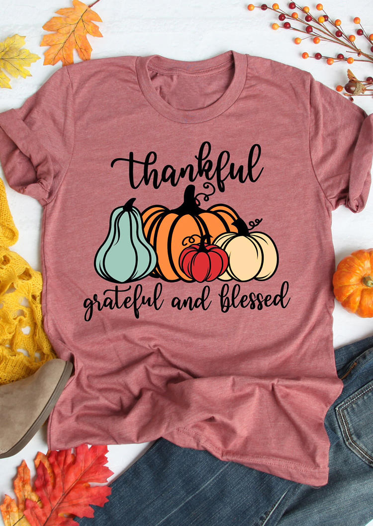 

Thankful Grateful And Blessed Pumpkin T-Shirt Tee - Cameo Brown, 520145