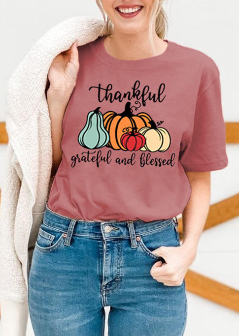 Thankful Grateful And Blessed Pumpkin T-Shirt Tee - Cameo Brown