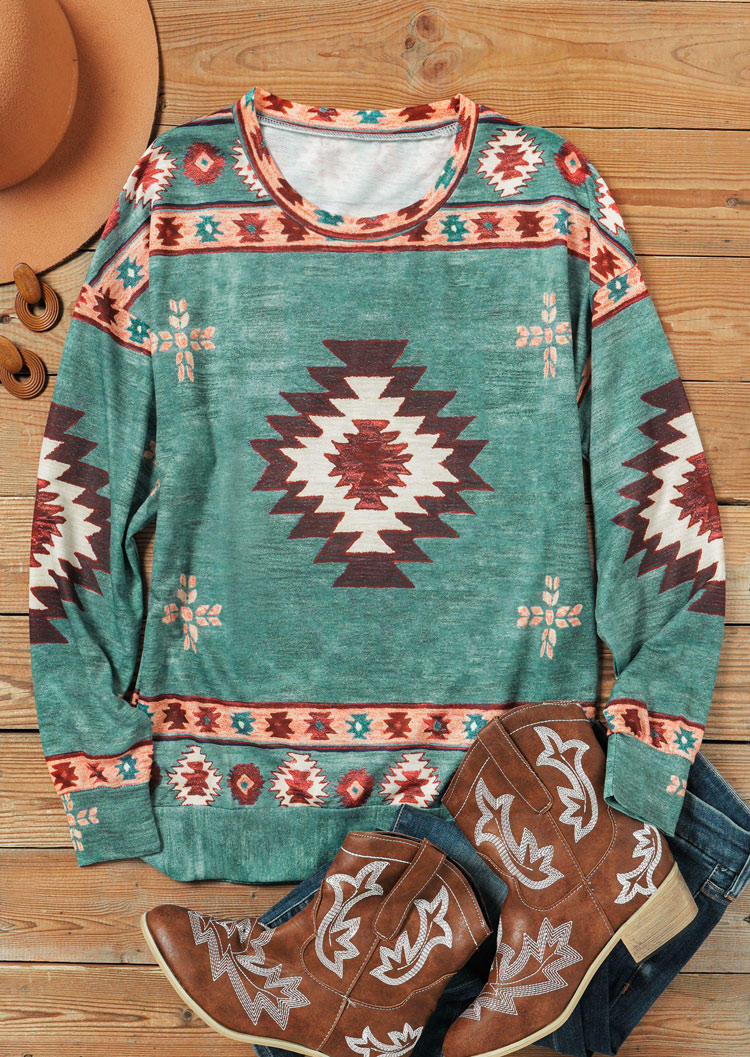 Buy Aztec Geometric Pullover Sweatshirt - Light Green. Picture