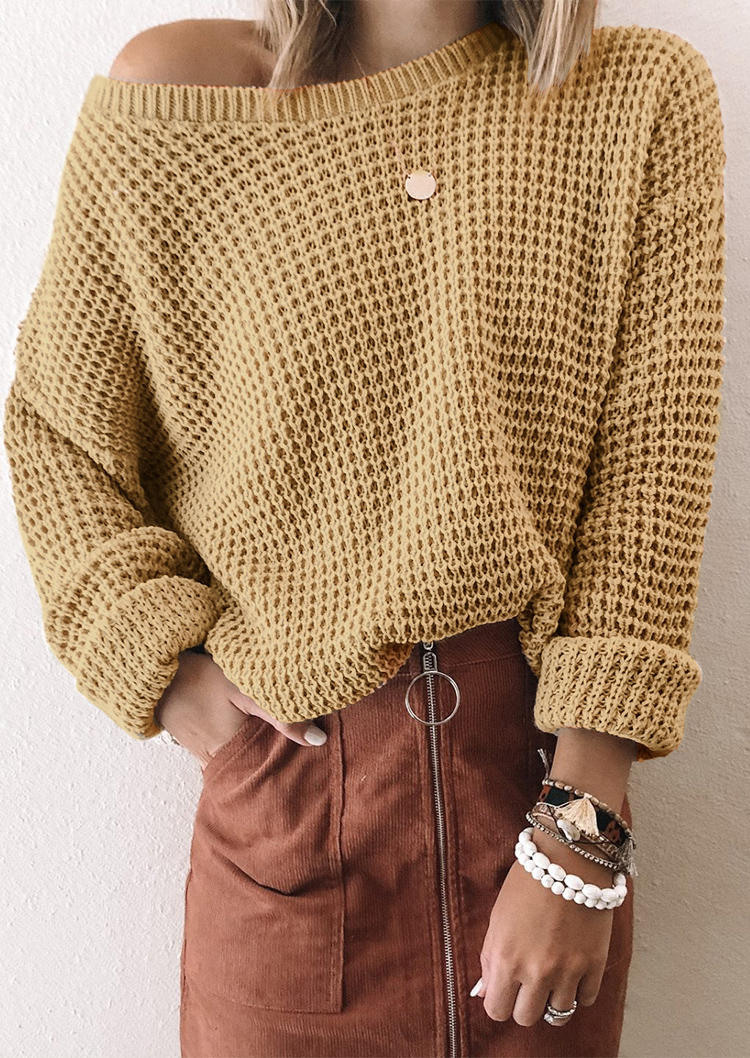 

Knitted Slash Collar Long Sleeve Sweater - Khaki, 520387