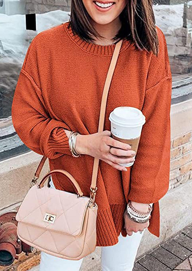 

Slit Long Sleeve O-Neck Sweater - Orange, 520445