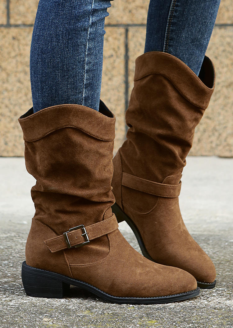 

Buckle Round Toe Heel Boots - Brown, 520487