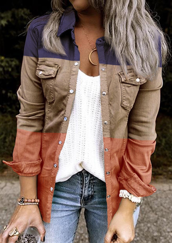 

Color Block Pocket Button Long Sleeve Coat, Multicolor, 520500