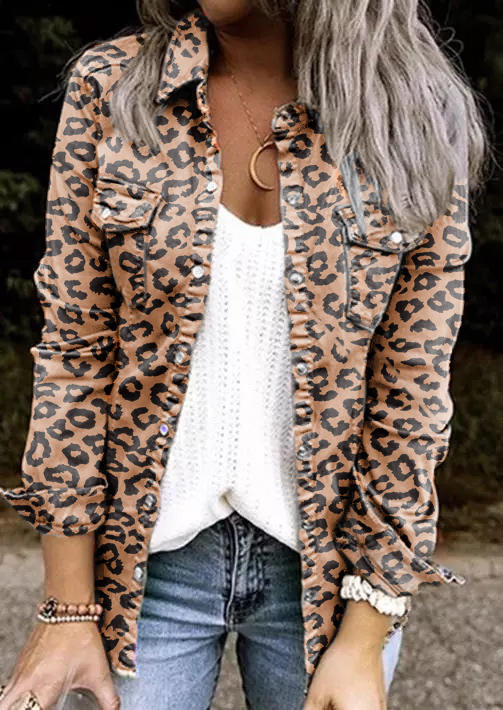 Leopard Pocket Button Long Sleeve Jacket